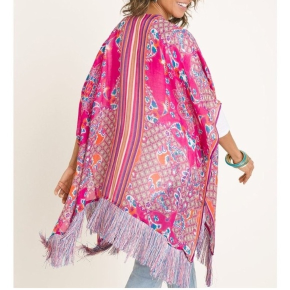Chico's Blue and Pink Kimono with Fringe Detail - Picture 11 of 14